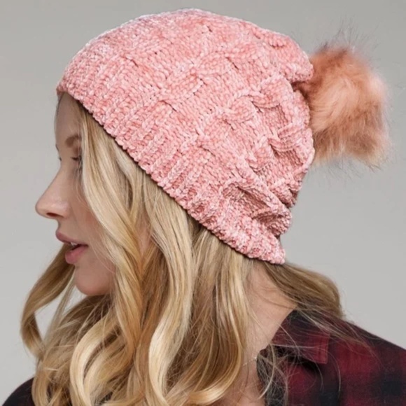 Blush Chenille Cable Knit Faux Fur Pompom Beanie - Picture 1 of 3